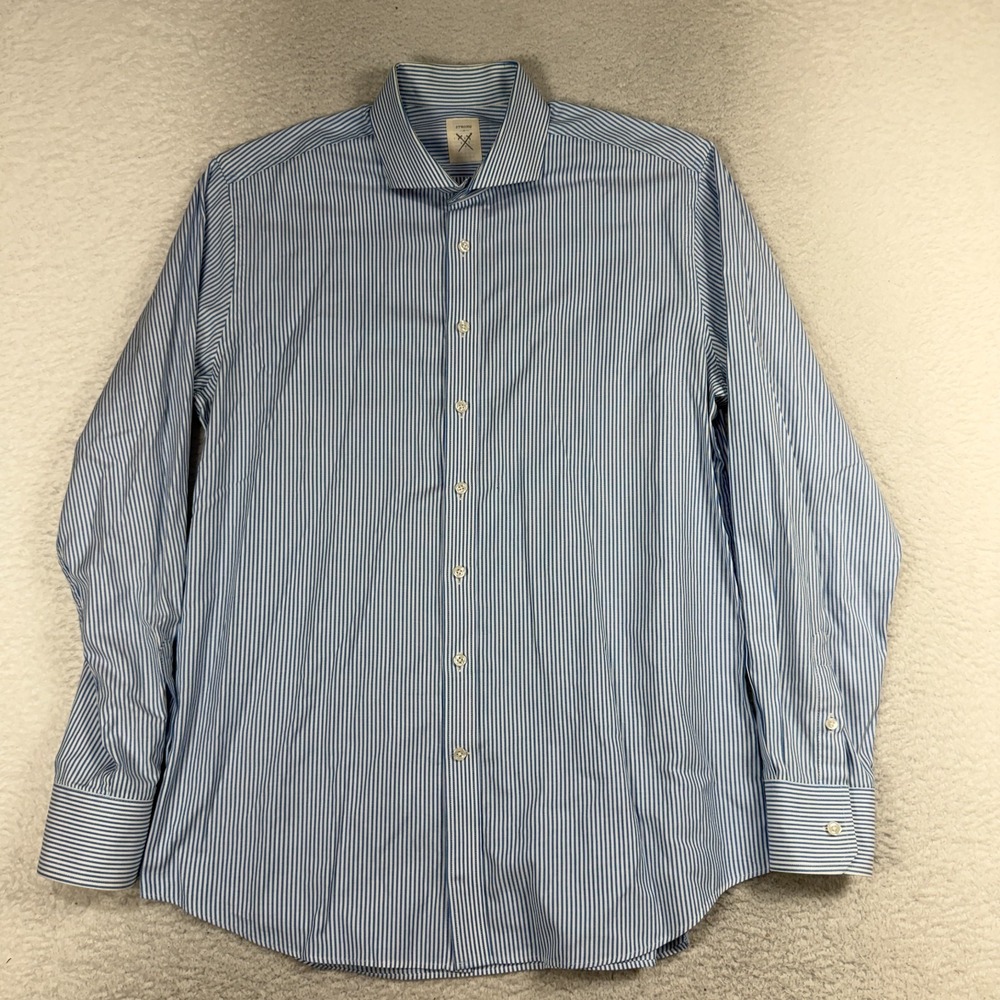 Strong Suit Mens Trim Fit Blue Stripe Dress Shirt Size 17 Large Long Sleeve